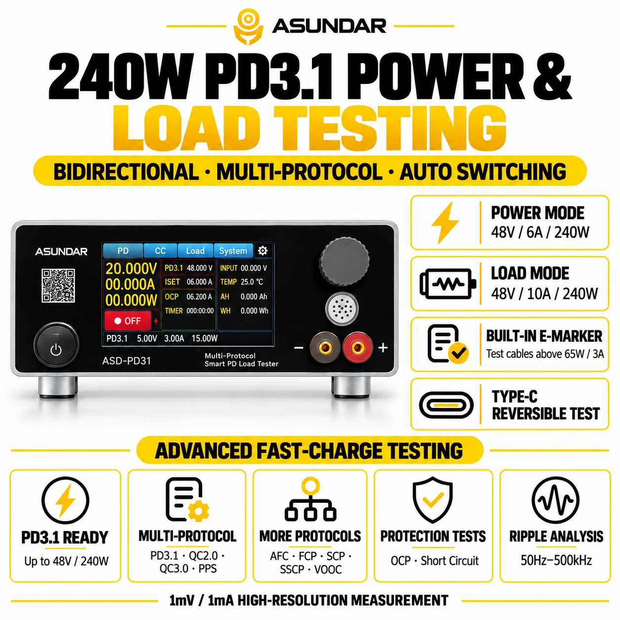 ASUNDAR ASD-PD31/PD30 Bidirectional Programmable DC Power Supply & Electronic Load, PD3.1/PD3.0 QC Fast Charge Tester, 240W/100W