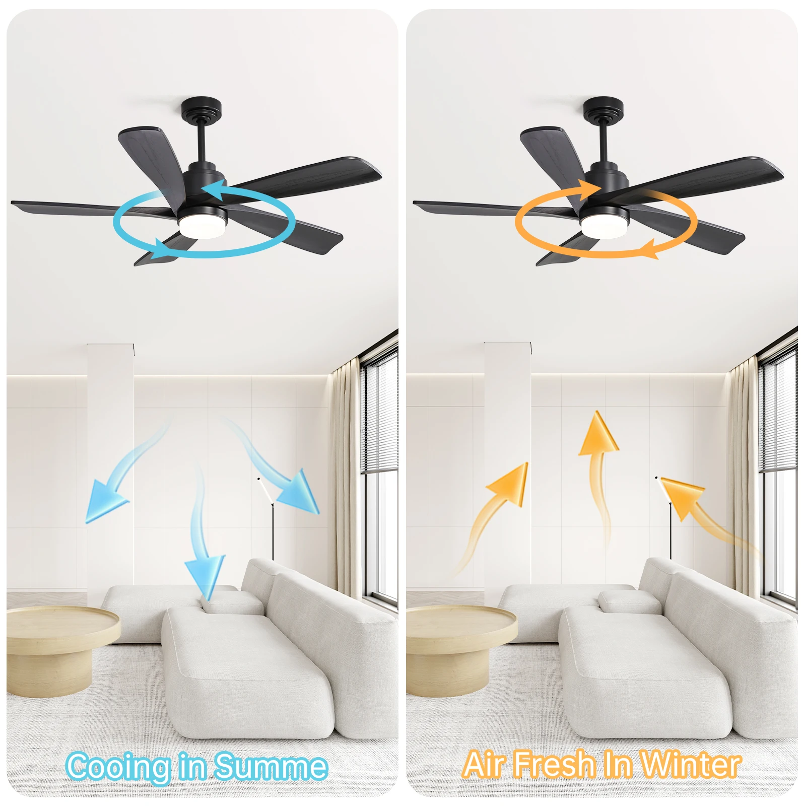 Sofucor 52-Inch Modern Black Ceiling Fan With LED DC 6-Speed High Wind Speed With Remote Control