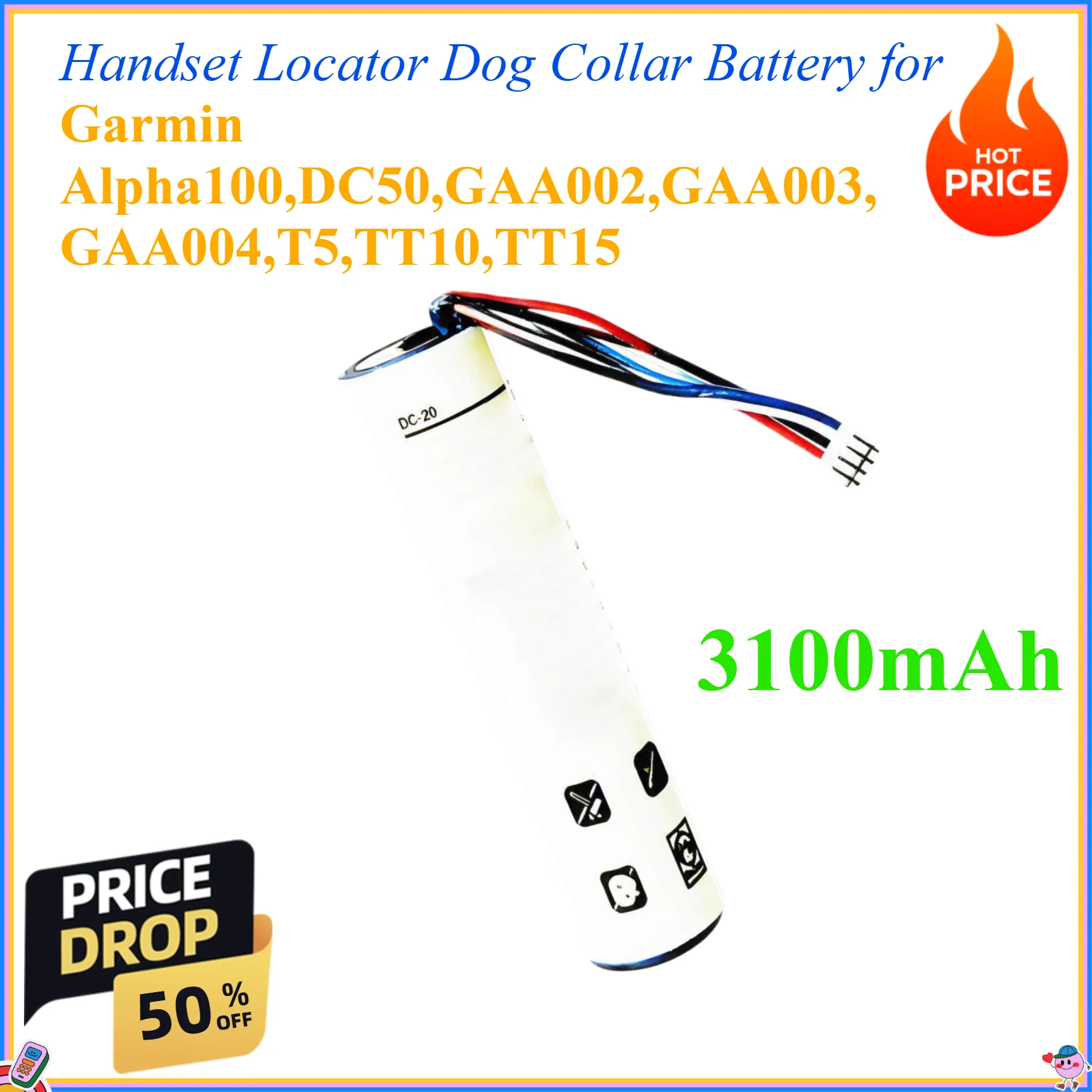 3100mAh Handset Locator Dog Collar Battery 2600mAh/3400mAh for Garmin Alpha 100,DC50,GAA002,GAA003,GAA004,T5,TT10,TT15
