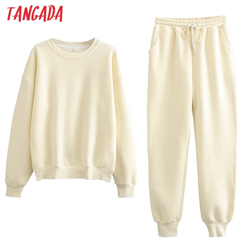 Tangada 2022 Autumn Winter Women warm yellow fleece 100% cotton suit 2 pieces sets o neck hoodies sweatshirt pants suits 6L24