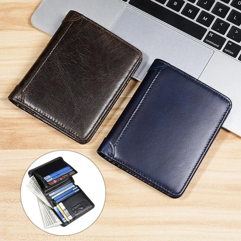 

High Quality Genuine leather Mens Wallet Short Retro Wax Leather Multi Card Walet RFID anti-theft Cowhide Bifold Moneybag