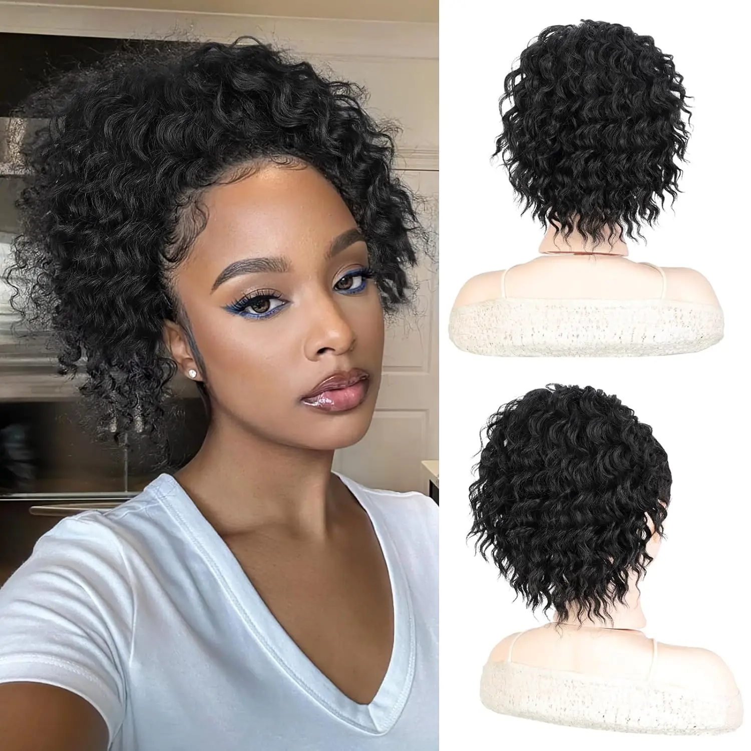 

Short Ponytail Extension 8 Inch Short Wavy Curly Drawstring Ponytail for Black Women Black Pony Tails Hair Extensions Synthetic