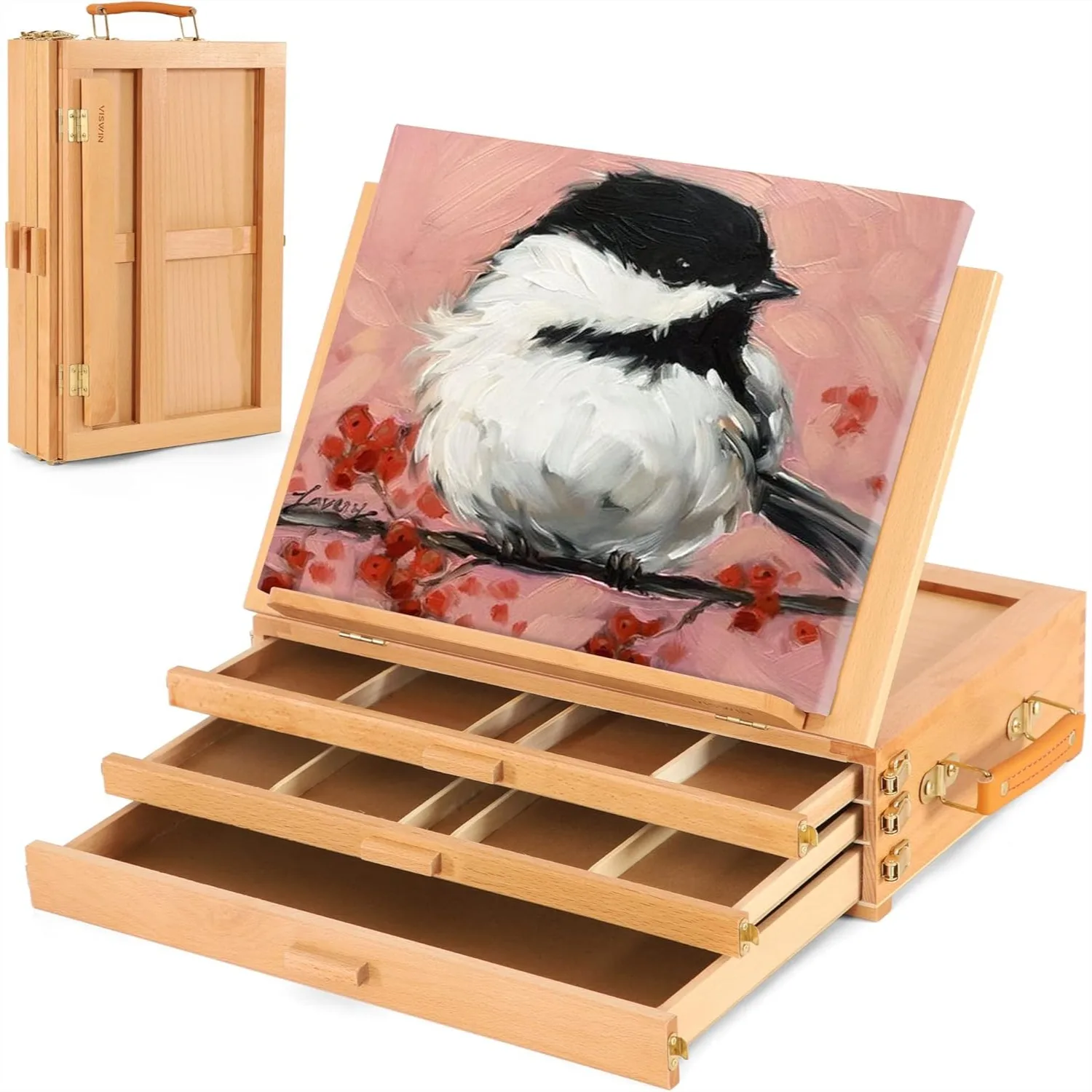 

Large Tabletop Easel with 3 Storage Drawers, Adjustable Beech Wood Painting Easel, Portable Sketch Box for Art Supplies, Desktop