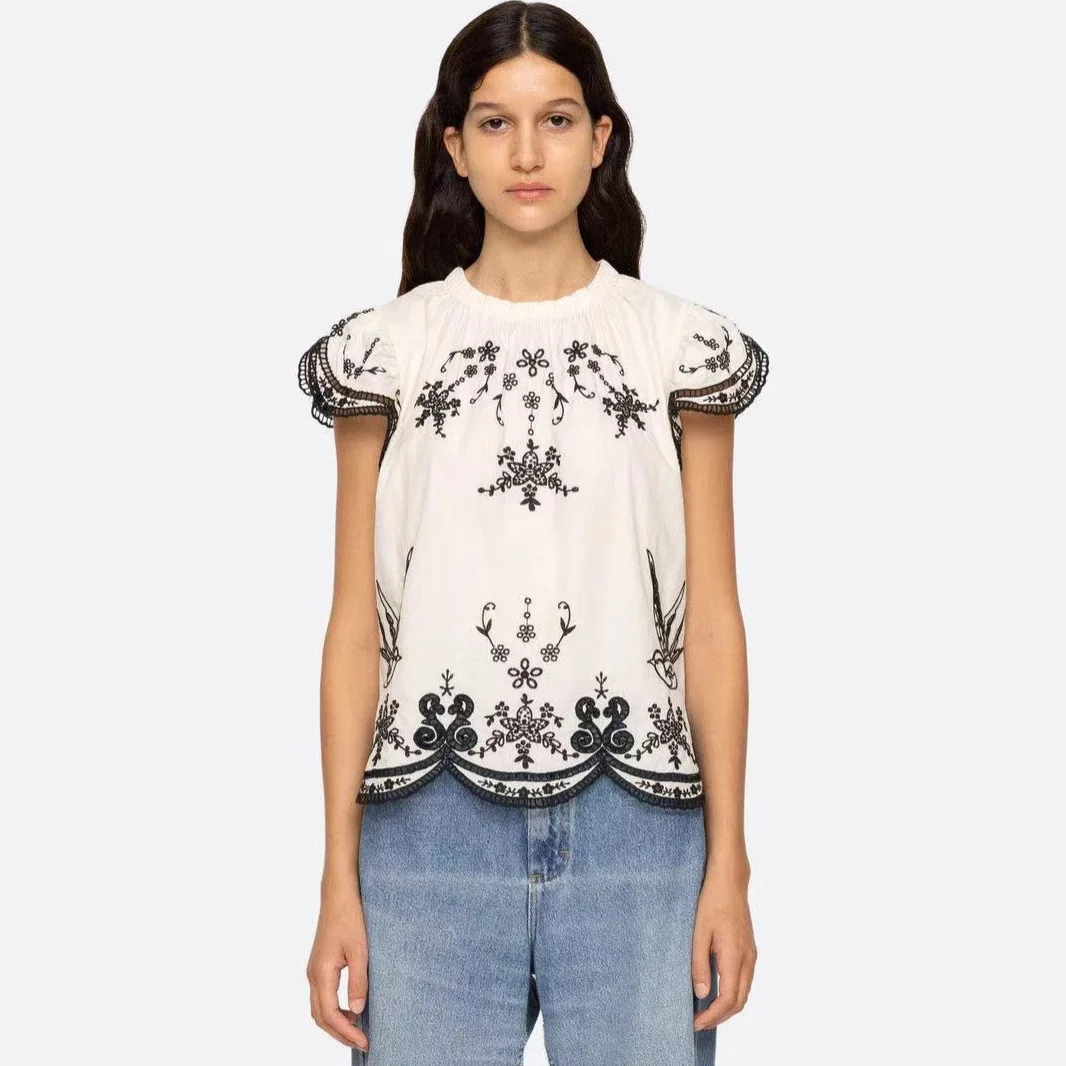 

2025 Sezanes Fashion T-Shirt Vintage French Shirt New Embroidered Jacquard Flying Bird Pattern Round Neck Fly Sleeve Shirt