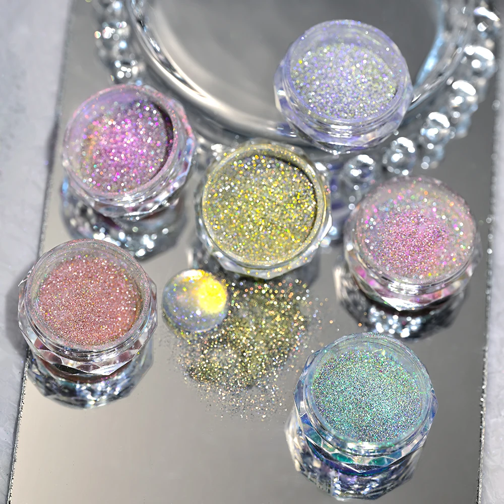 6 cores/conjunto super-brilhante colorido reflexivo diamante prego glitter pó brilho aurora cristal pó manicure pigmento poeira