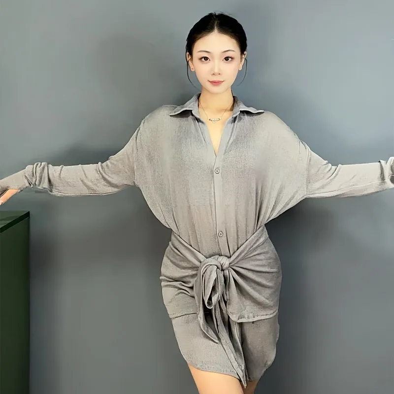 Women High End Slimming Latin Dance Outfit Fleece Lined Top & Skirt Adult Professional Training Dance Dress Dancewear zym