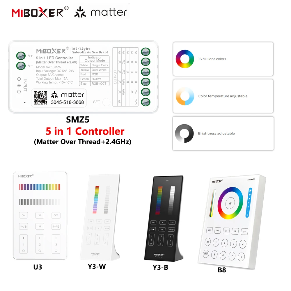Miboxer SMZ5+B8 DC12-24V 5in1 Controller Matter Over Thread+2.4GHz Tuya APP WIFI Single/Double Color RGBW RGBCCT LED Strip Light