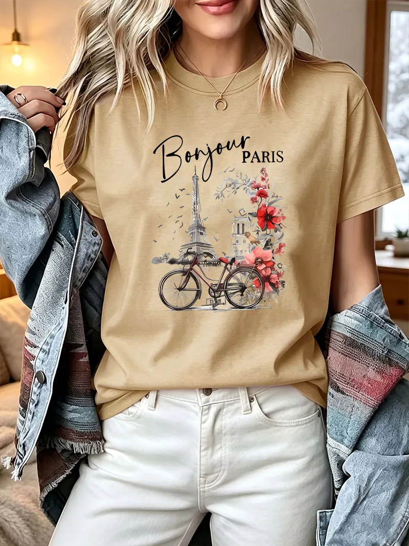 Y2k Bonjour Paris Graphic T Shirt Eiffel Tower Bicycle Floral Print Short Sleeve Tee Casual Crew Neck Ladies Oversized T-shirt