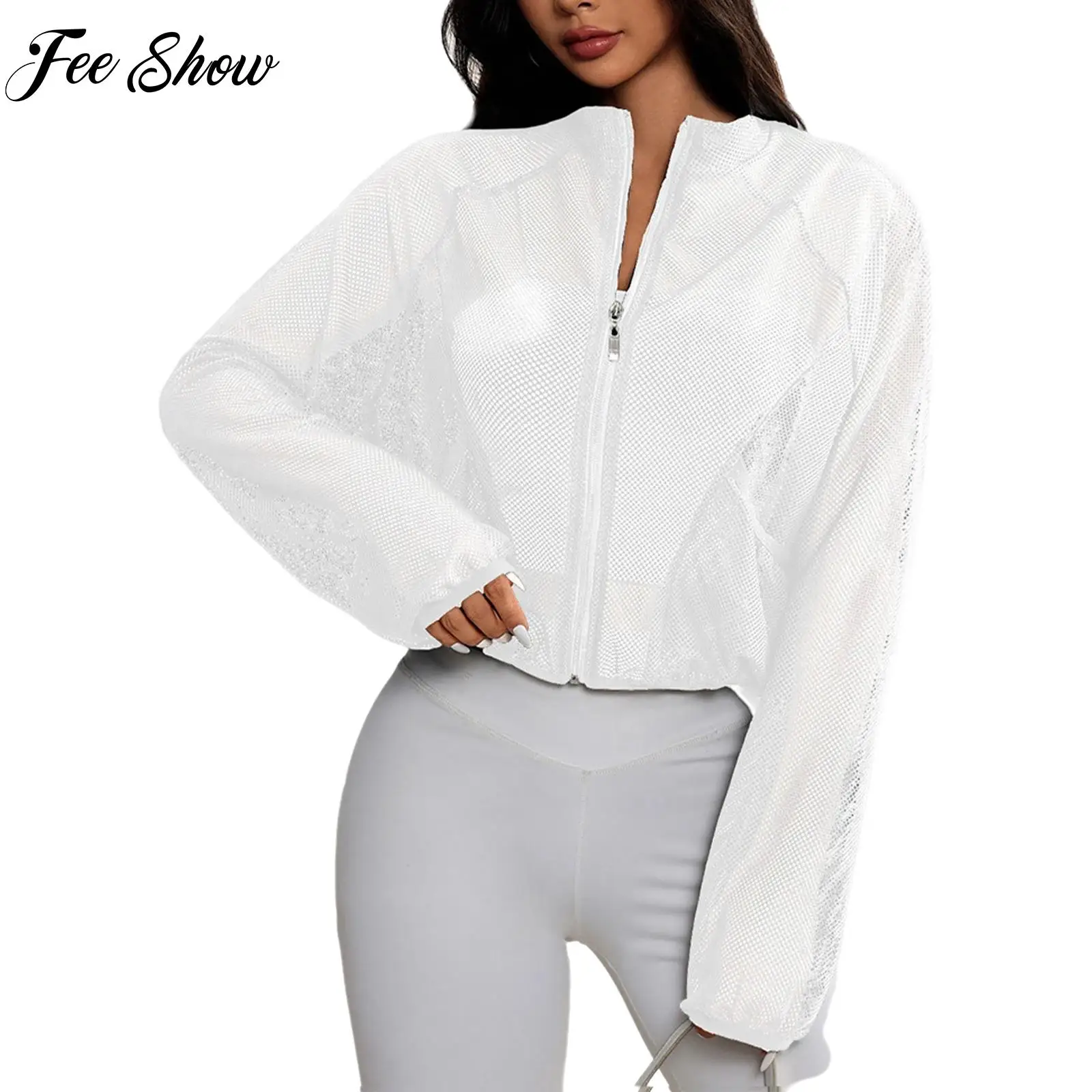 

Womens See-Through Hollow Out Mesh Cycling Jacket Long Sleeve Zip-Up Yoga Sports Top Sheer Outerwear for Workout Running Hiking