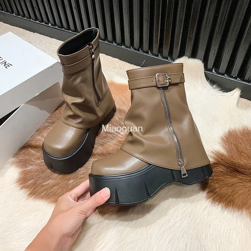 Bottes à Talons Hauts et Épais pour Femme, Compensées à Plateforme, Fermeture Éclair, Design de Luxe, Mi-mollet, 8cm, Nouvelle Collection Automne