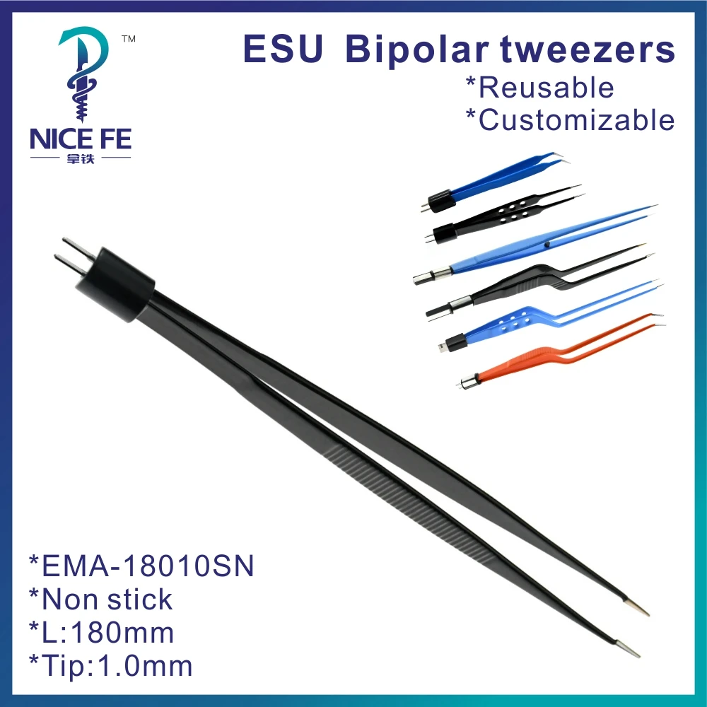 

AHA Bipolar tweezers Forceps Straight tip for Electrosurgical unit,Black nylon coated Non Stick：L:18cm, tip 1mm