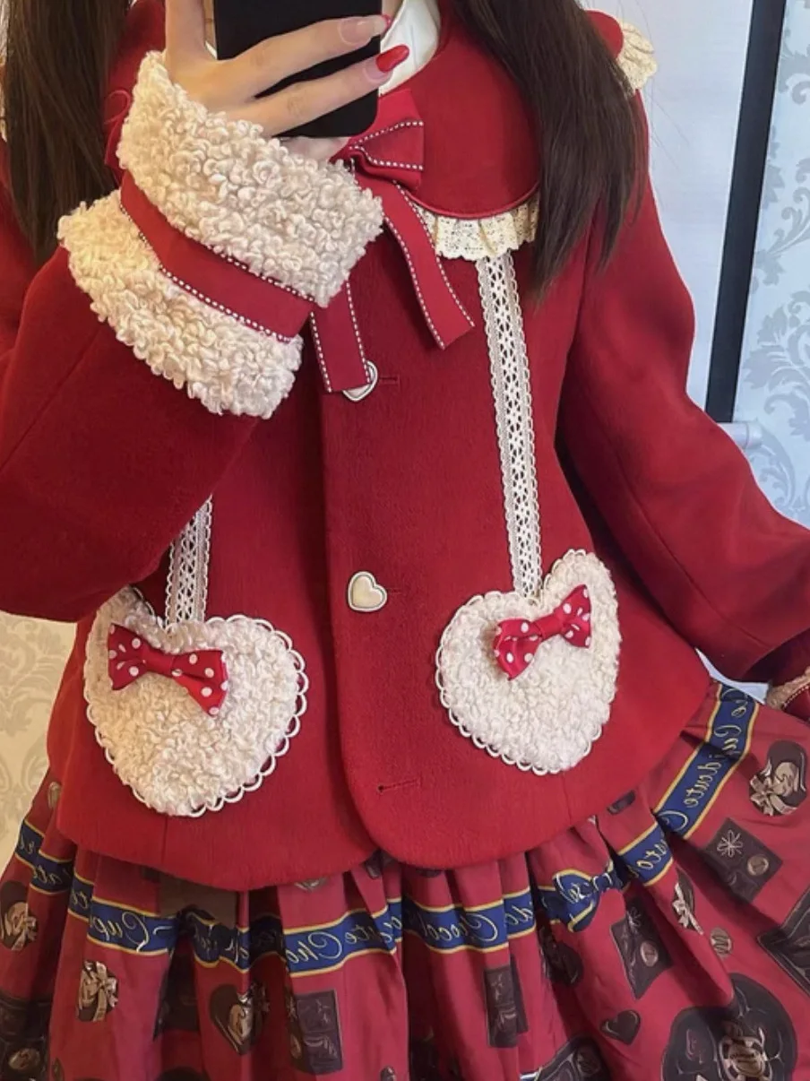 일본 오리지널 레트로 가을 겨울 짧은 모직 코트 크리스마스 새해 레드 달콤한 귀여운 소녀 로리타 두꺼운 오버코트