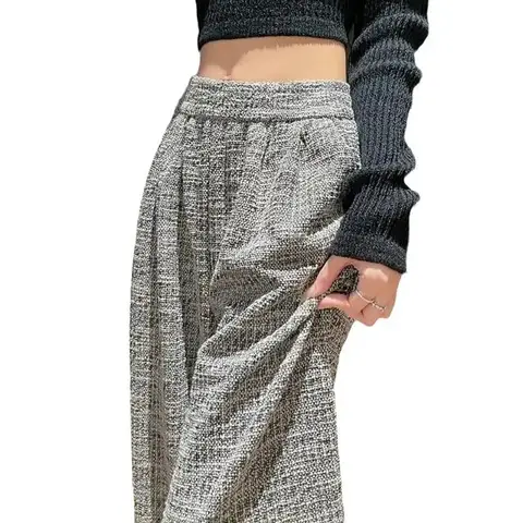 Tweed-stil dambyxor Bell Bottoms vår höst ny design bantning lös passform casual byxor raka ben draperade 10 best sales tweedbyxor - №10