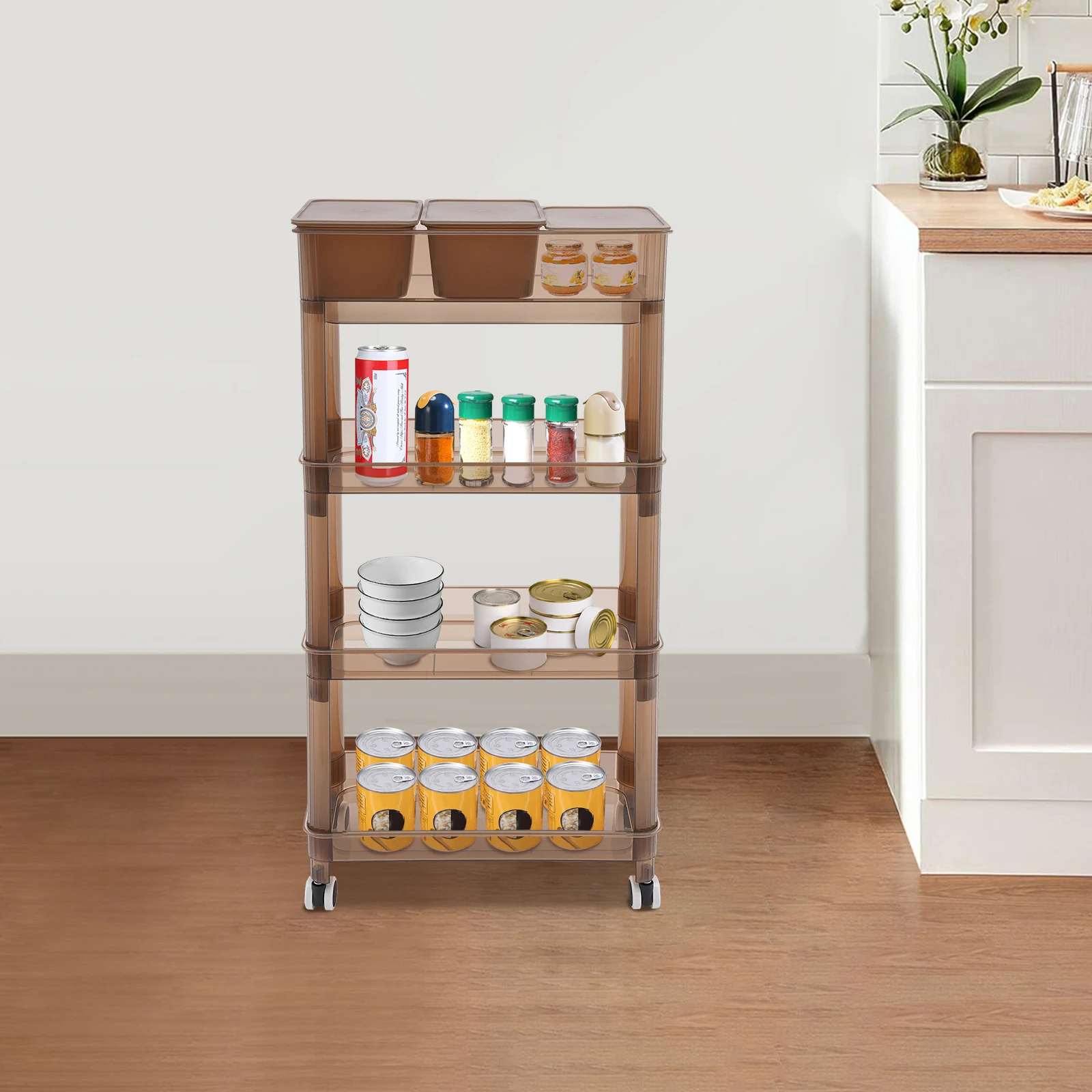 Carrello portaoggetti a 4 ripiani con 2 contenitori, carrello mobile con freni, leggero.