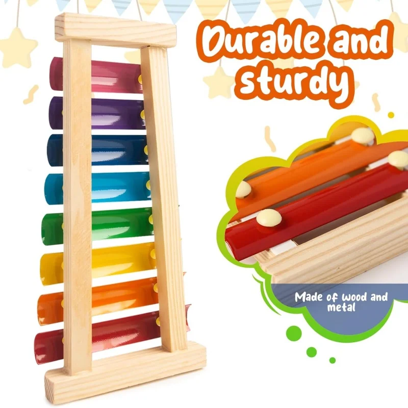 Xilofono in legno Montessori per bambini con 2 mazze, 8 tasti diatonici Strumenti musicali per bambini in età prescolare Giocattoli educativi Regali