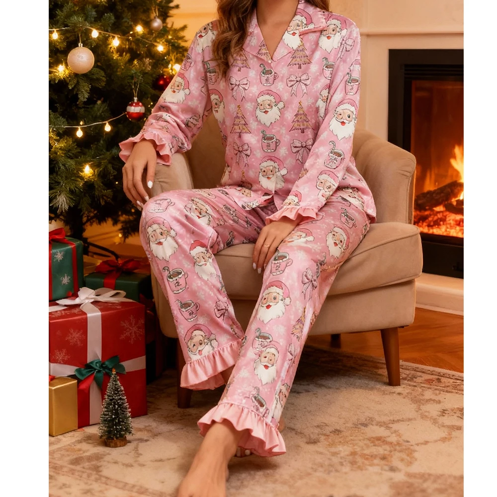 المرأة عيد الميلاد بيجامة من الساتان مجموعة Y2K سانتا الجرافيك الكشكشة زر أسفل كم طويل بلايز السراويل عيد الميلاد المتسكعون ملابس خاصة