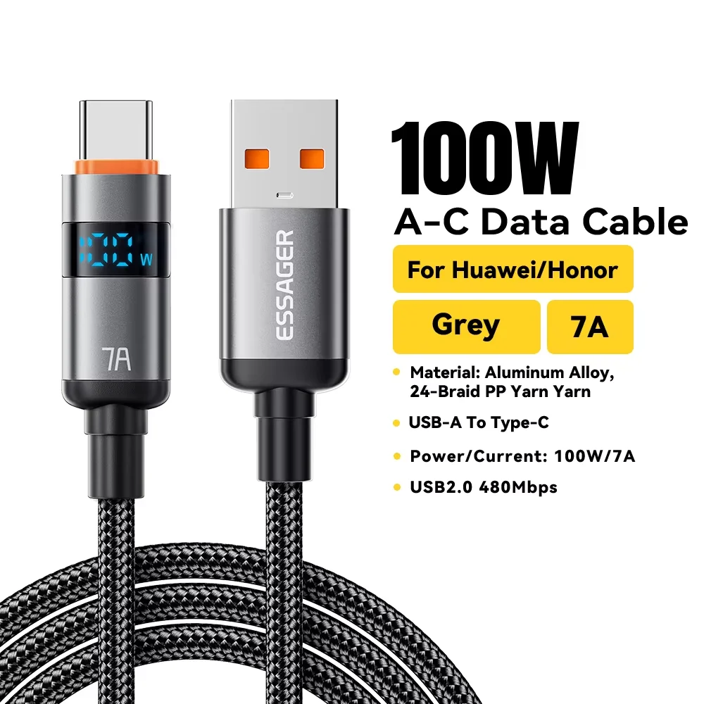 Кабель Essager USB Type C с дисплеем 100W для быстрой зарядки Huawei, MacBook Pro, Xiaomi — фото товара