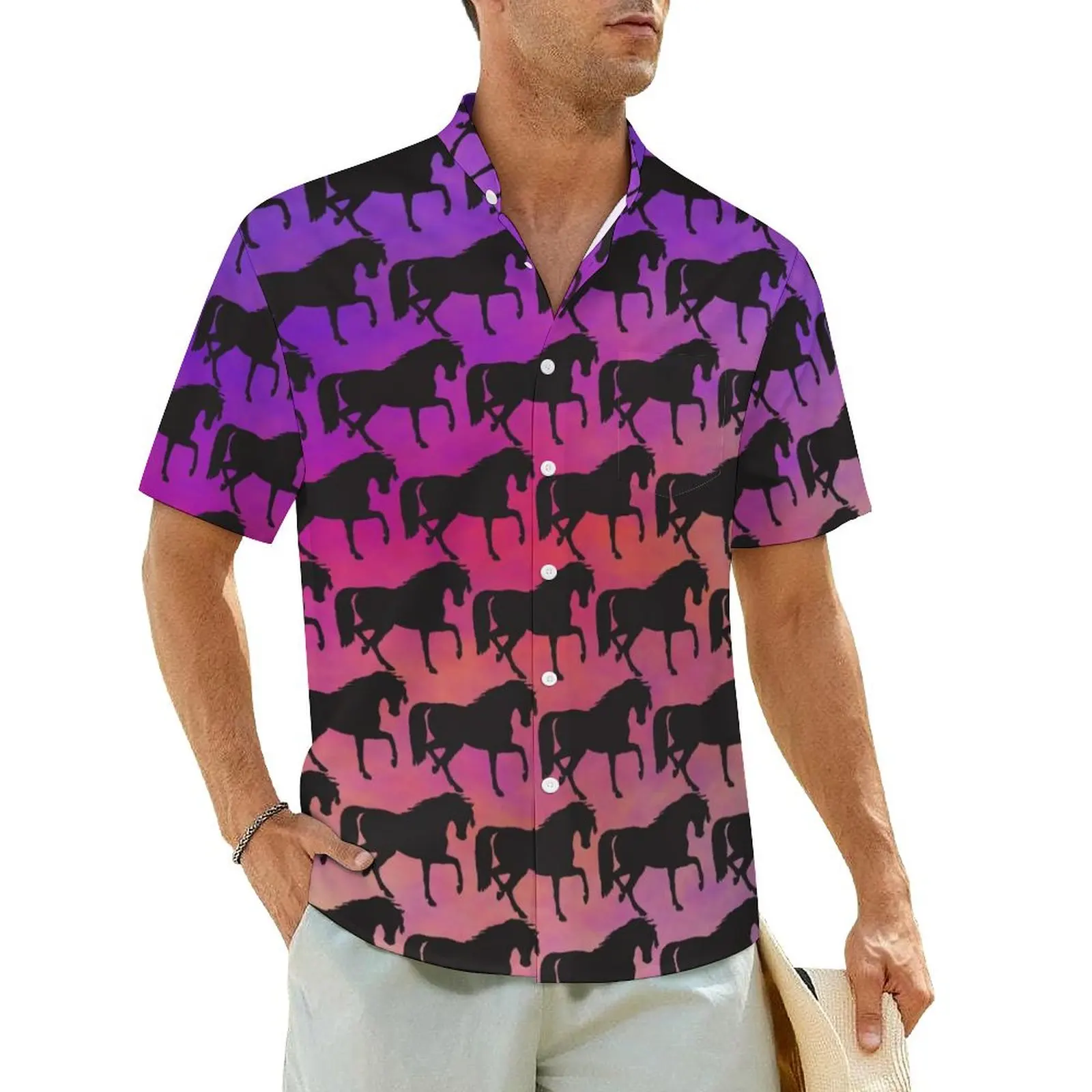 

Prancing Horse Vacation Shirt Sunset Rainbow Print Hawaiian Casual Shirts Man Trendy Blouses Short Sleeve Streetwear Clothing