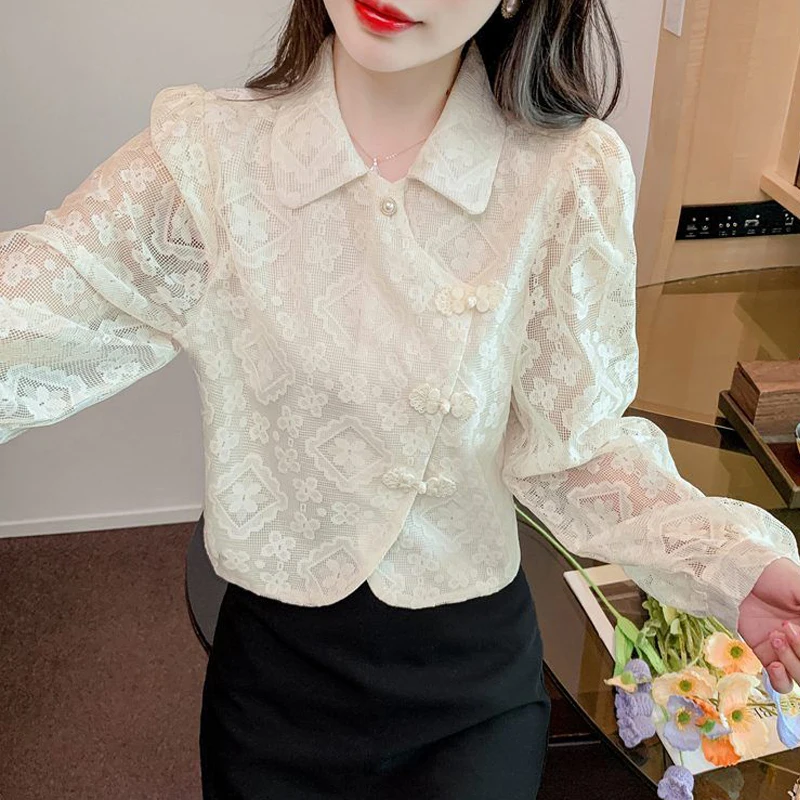 Women Fashion Vintage Hollow Lace Sweet Kawaii Fairy Shirts Elegant Chic Long Sleeve Blouses Casual Solid Loose Tops Blusa Mujer