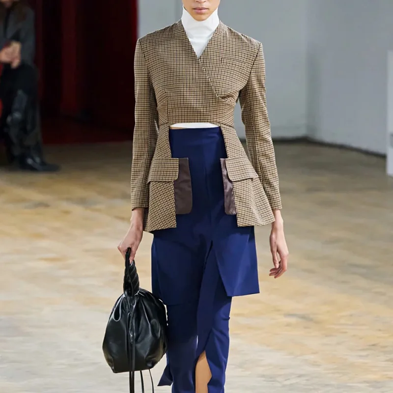 

Осенний женский модный пиджак с перекрестными бретелями и полым дизайном, утягивающий пояс миди, повседневное элегантное пальто