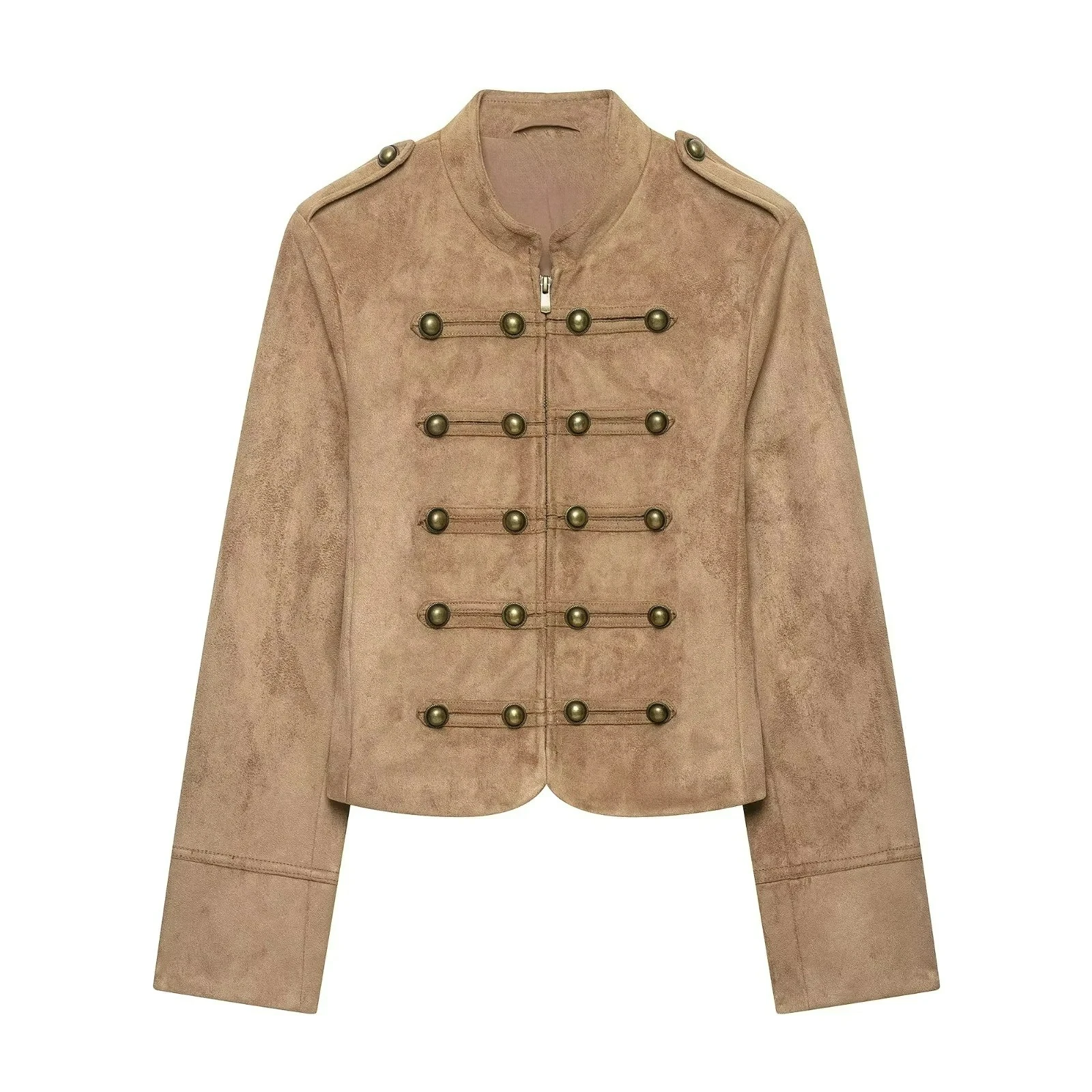 KONDALA Streetwear Vintage Chic Wildleder Khaki Damenjacke mit Knotenknöpfen, Reißverschluss, Langarm, Mode 2026 Herbst-Winter-Jacke – Detail 6