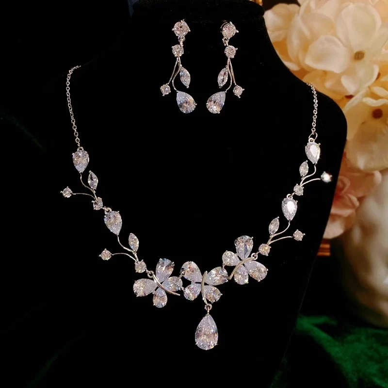 Bridal Jewelry Sets For Women S925 Silver Needle Cubic Zirconia Necklaces Pendants Drop Earrings 2PCS Wedding Fine Accessories