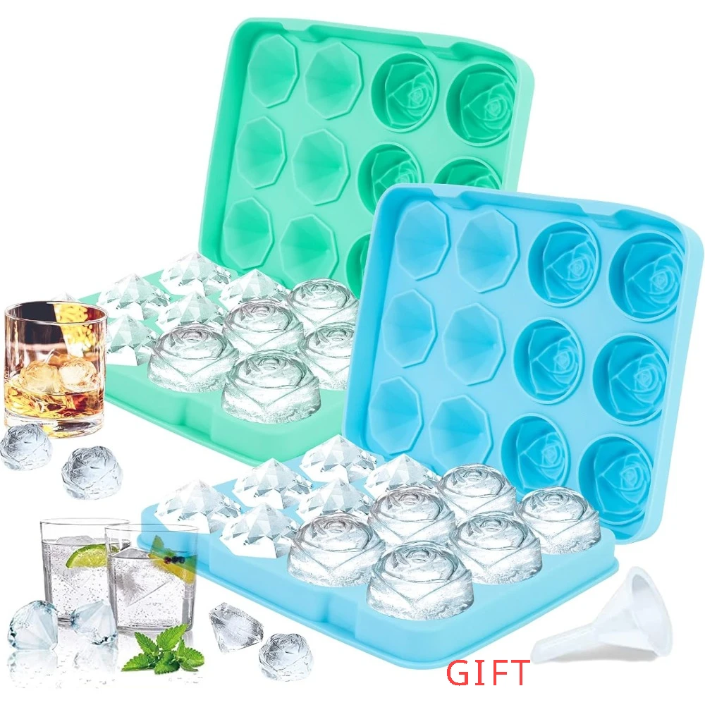 1PCS Silicone Ice Cube Tray 6 Rose + 6 Diamond Shape Ice Cube Mold Easy Release for Pudding Jelly Candy Whiskey Party Supplies