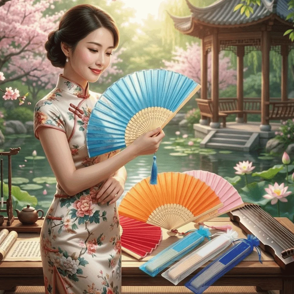 

Classical Chinese Style Folding Fan Cooling Tool with Organza Bag Silk Hand Fan with Tassel Wear Resist Dance Fan Wedding Favors