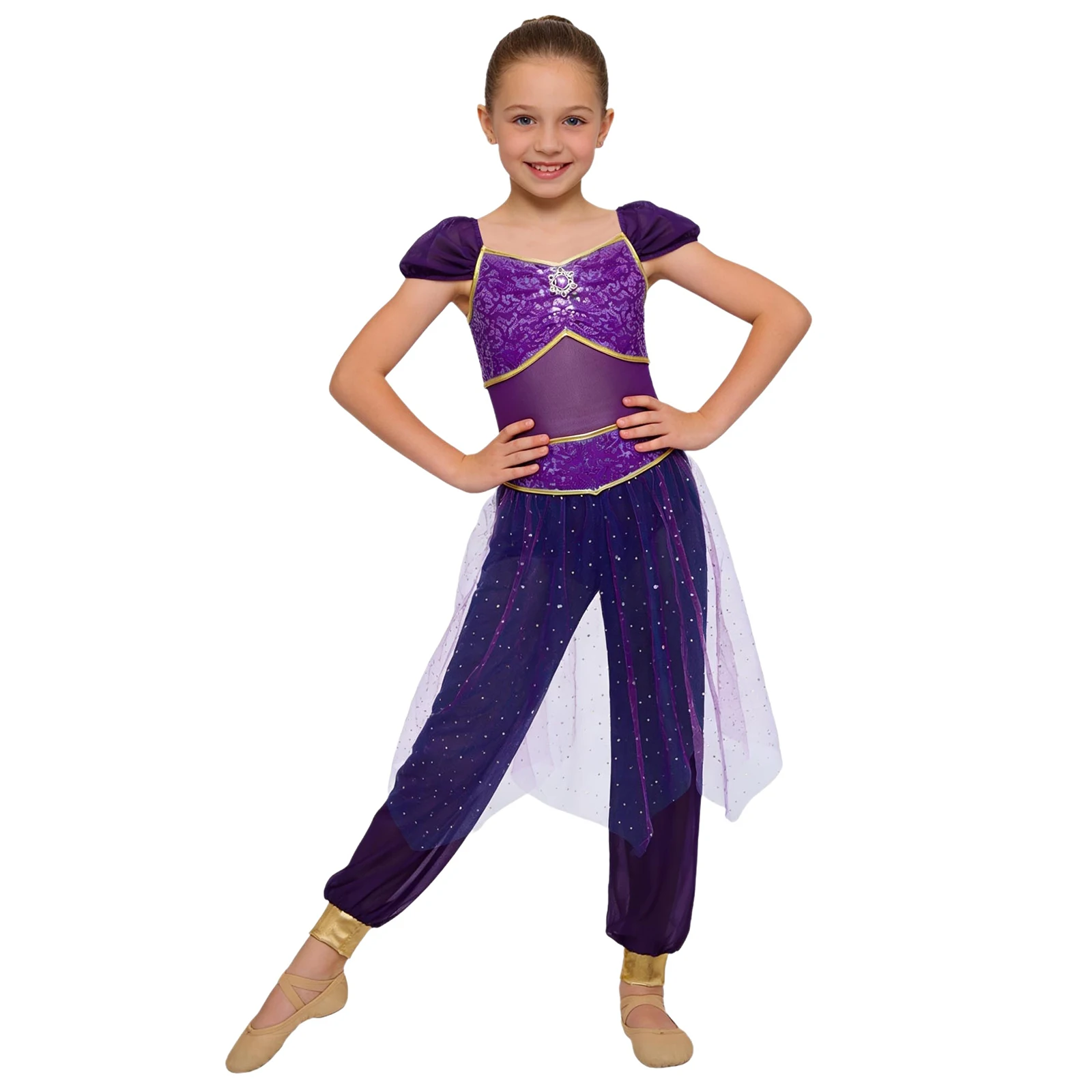 Children's Sequined Tulle Overlay Jumpsuit for Girls Arabian Princess Cosplay Costume Belly Dance Rompers for Halloween Outfit - view 3
