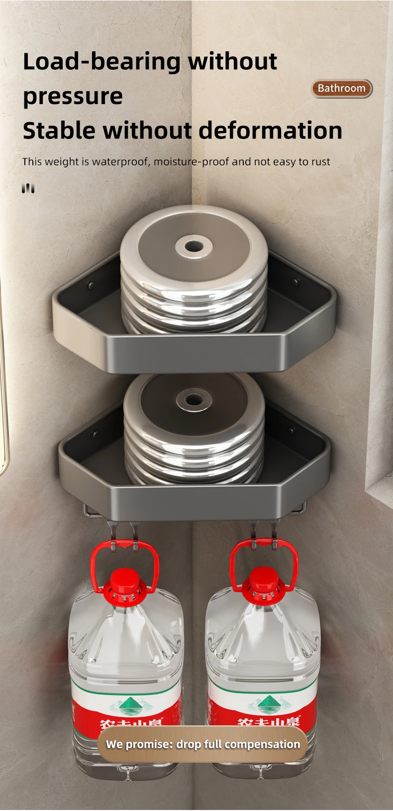 Badezimmerregal ohne Bohren, Eckraum, Aluminium-Lagerregal, Wandmontage, dreieckiger Korb, Duschraum, Aufbewahrungsorganisator FR2006 – Detail 11