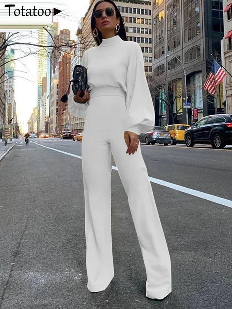 Women's Elegant Lantern Sleeve Jumpsuit Open Back Zipper Wide Leg Sexy Rompers Office Lady Workwear Overalls Autumn 2024