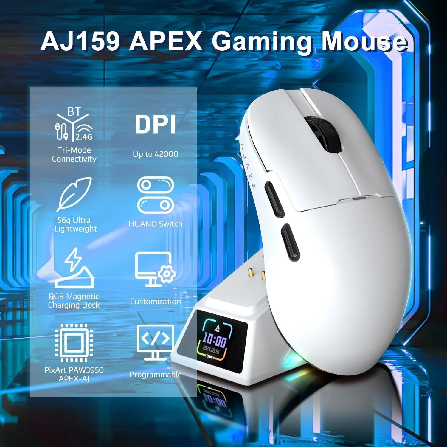 AJAZZ AJ159 APEX Mouse da gioco wireless con base di ricarica magnetica RGB, design leggero da 56 g, 2.4G/USB-C/BT, batteria da 400 mAh, 42K DPI, velocità di risposta 8000Hz, compatibile con PC e Mac,
