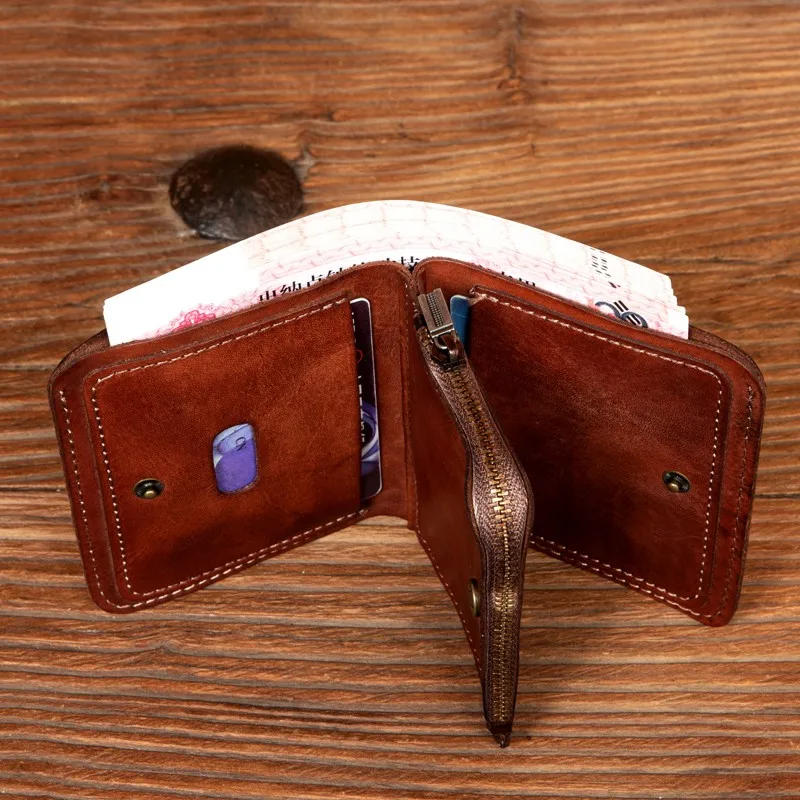 The first layer of cowhide handmade vertical wallet unisex retro fashion short wallet
