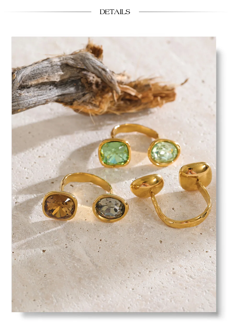 Yhpup Edelstahl Verstellbarer Offener Ring Braun Weiß Grün Quadratischer Kristall Goldfarben Neuheiten Finger Modeschmuck – Detail 9
