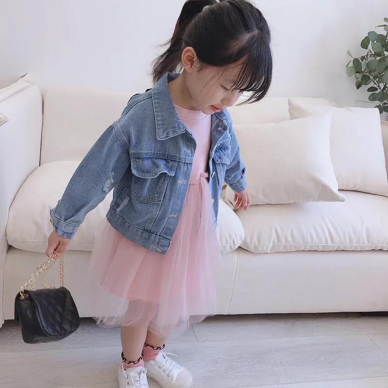 Spring and Autumn 2023 new style cute and comfortable vintage flower denim jacket for children\'s personality jacket