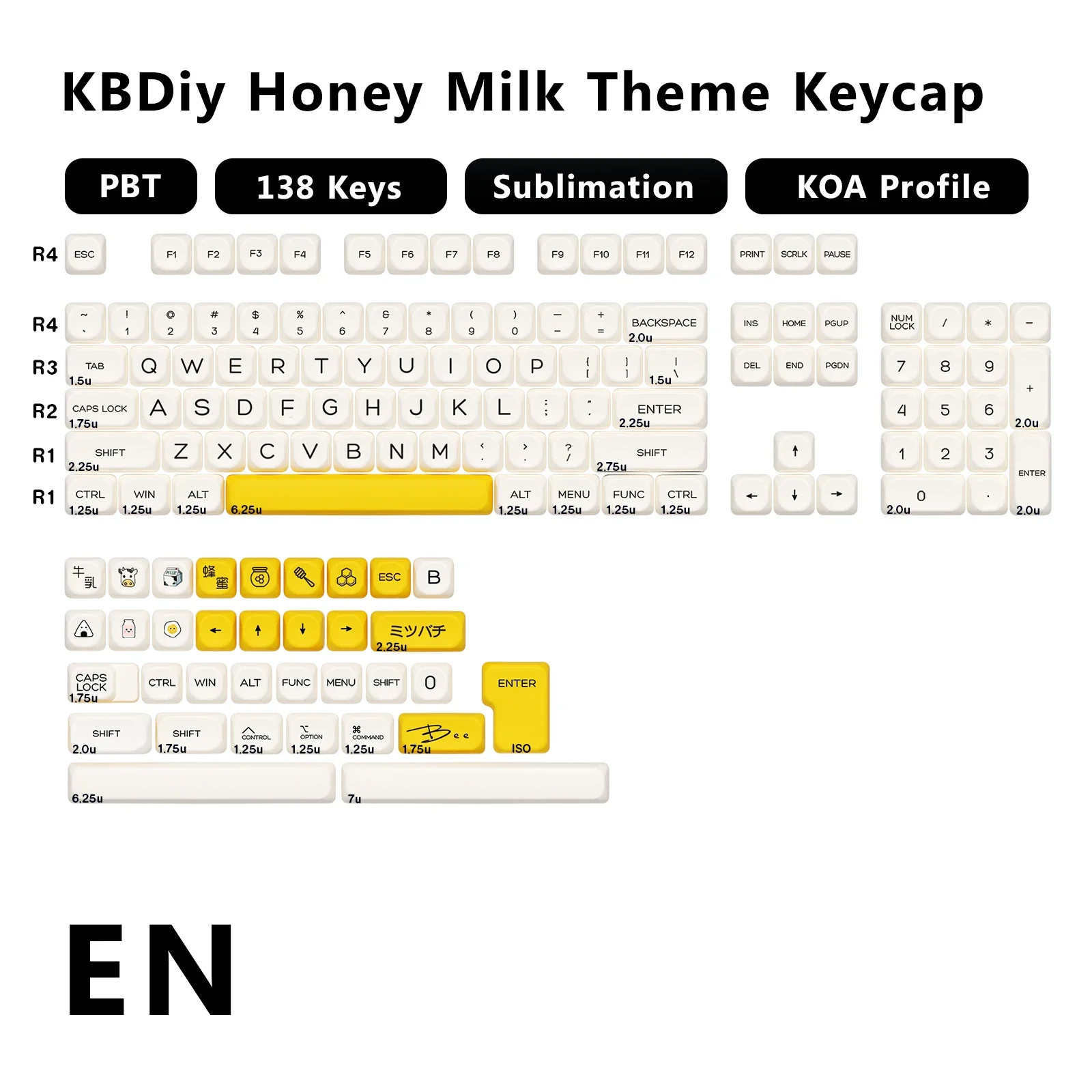 

KBDiy 138 Keys/Set Honey Milk Keycaps PBT for Mechanical Gaming Keyboards KOA Profile MAC Key Cap for aula F87 F108 F99 Pro ACE6