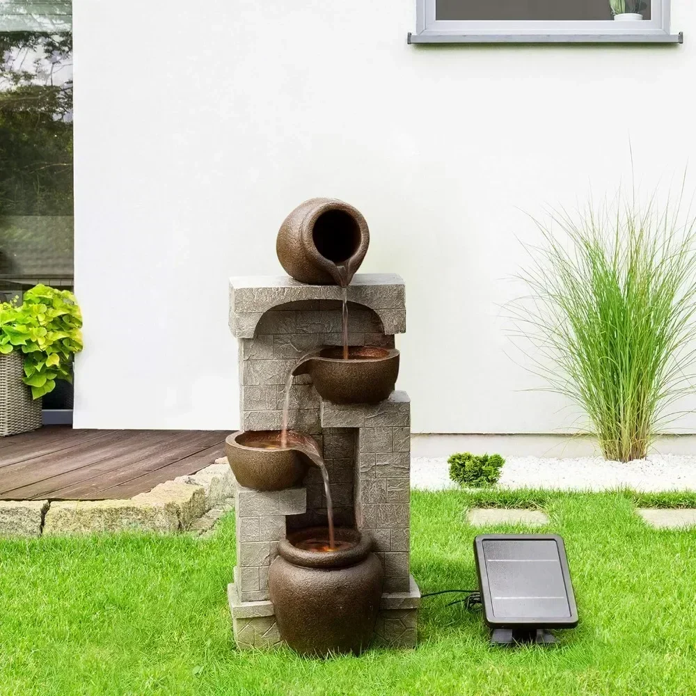 28 in. Cascading Bowls and Stacked Stones LED Outdoor Water Fountain for Outdoor Living Spaces to Create a Calming Oasis