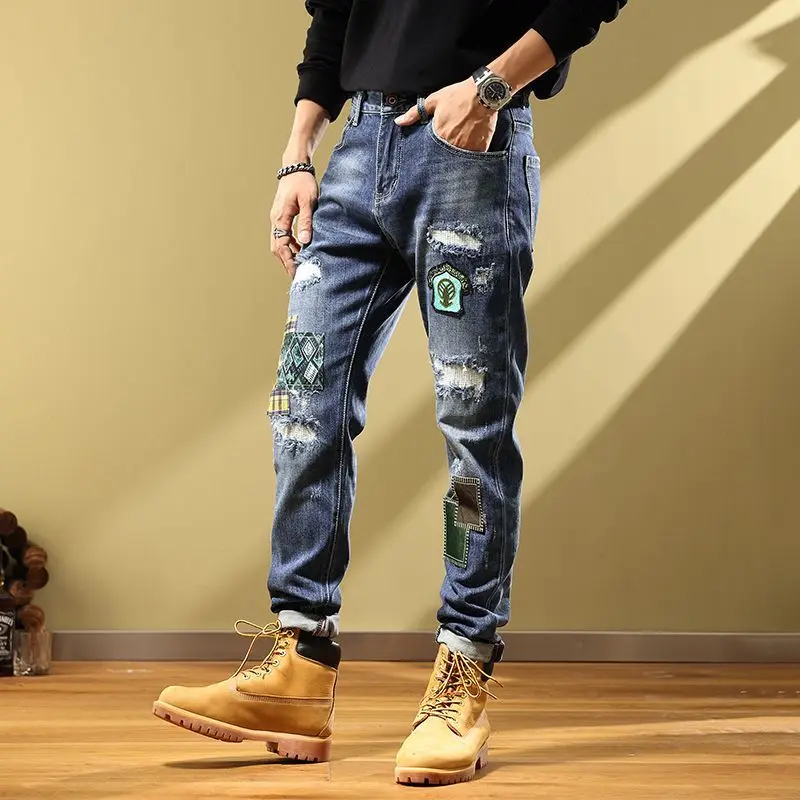 Korean jeans men's handsome patch Ripped  vintage jeans autumn 2022 versatile elastic European and American youth trousers
