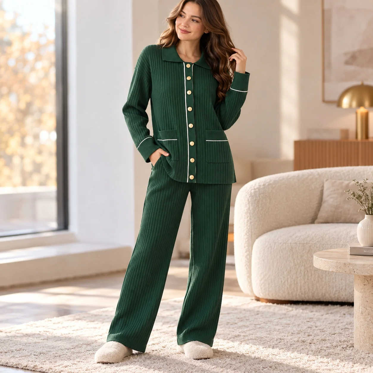 Panelled Long Sleeve Top Full Length Ol Commuter Style with Elegant Sweater Top Autumn Full Length Pants Winter for Women