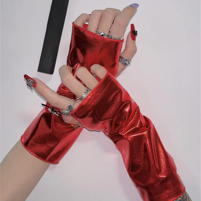 

Sexy Punk Faux Patent Leather Gloves Shiny Short Arm Sleeves Women Men Party Show Gloves Half Finger Mittens Fingerless Gloves