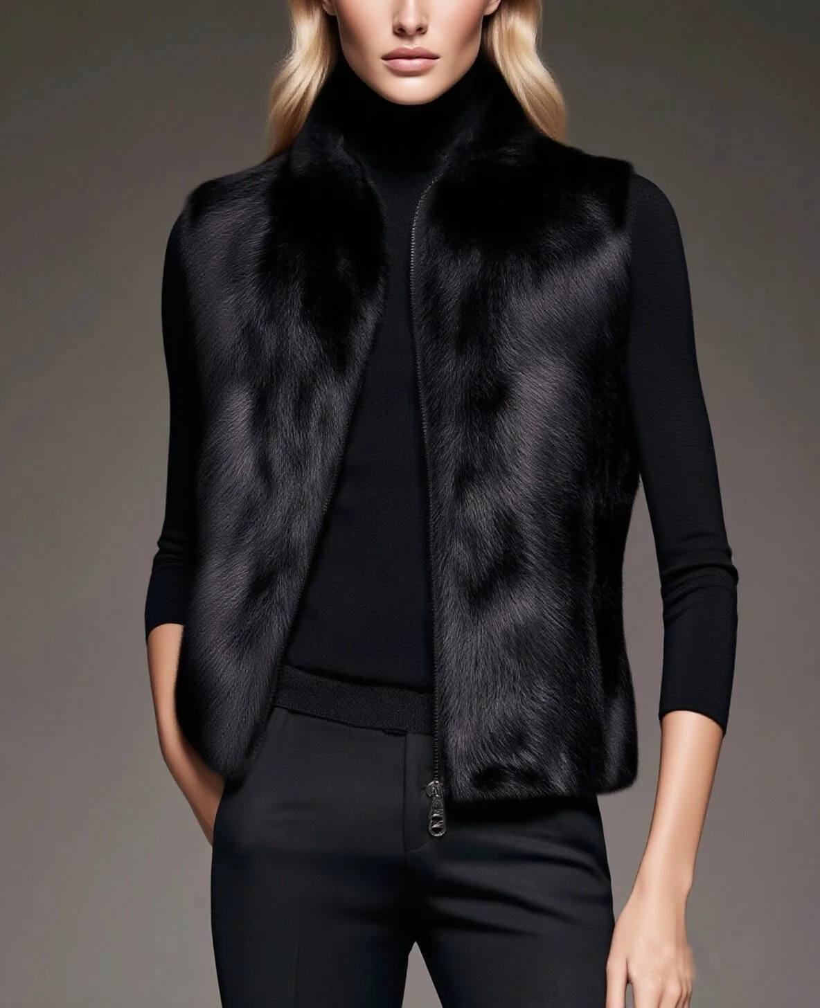 Faux Fur Sleeveless Vest Women Black Cropped Vests for Women Winter Women's Warm Vest Fashion Waistcoat Padded Vest With Zipper