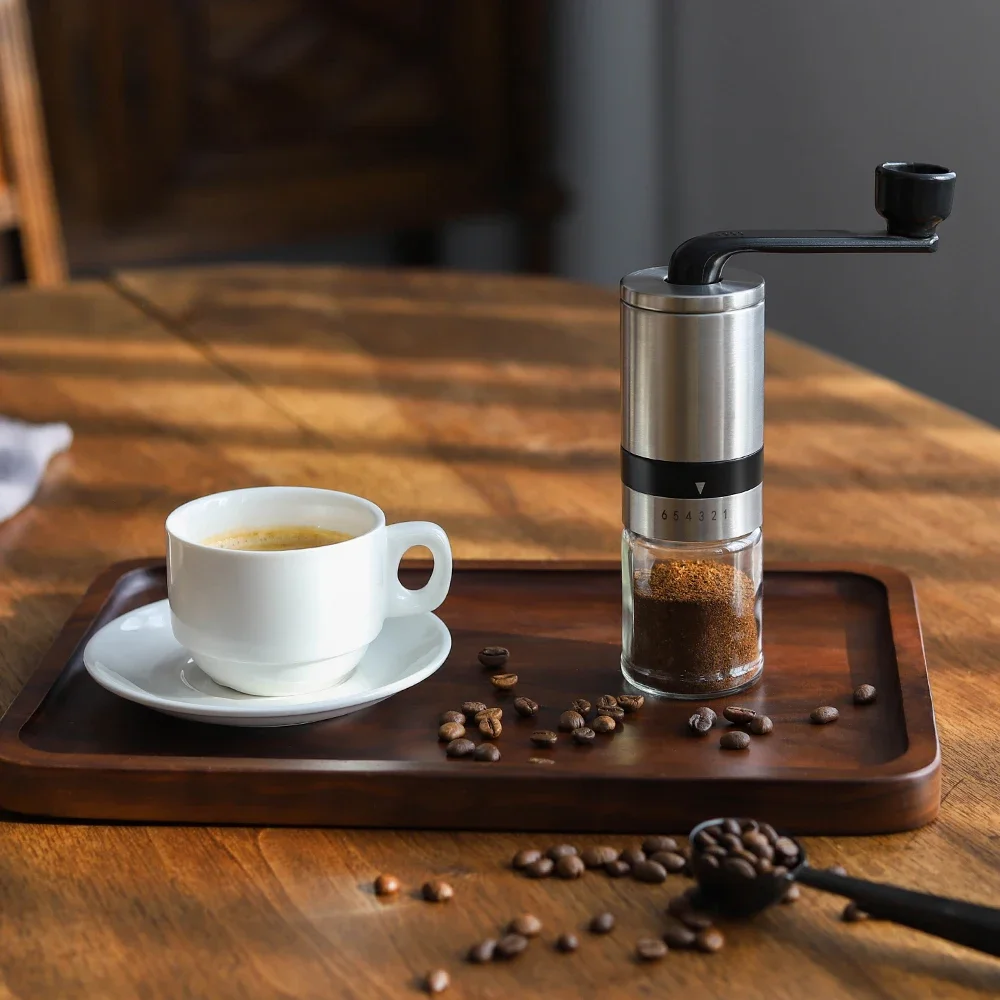 Black Color 1Cup Glass Jar Stainless Steel Body Plastic Handle Ceramic Corn hand Manual Coffee Grinder with S/S Lid