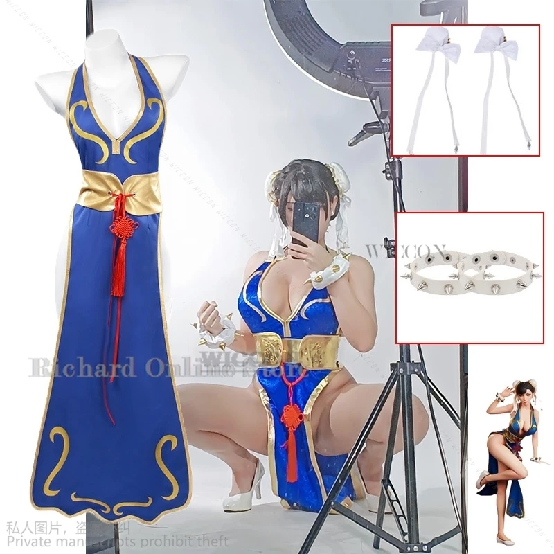 Game Street Chun Li Cosplay Costumes Sutorito Faita Blue Cheongsam Dress Belt Headgear With Women Girls Clothes Halloween Party