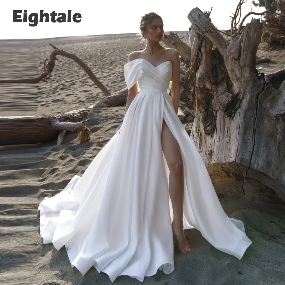 

Eightale Wedding Dresses for Women 2023 Bride V-Neck Satin Side Slit A-Line Beach Backless Bridal Gowns Bow vestido de noiva