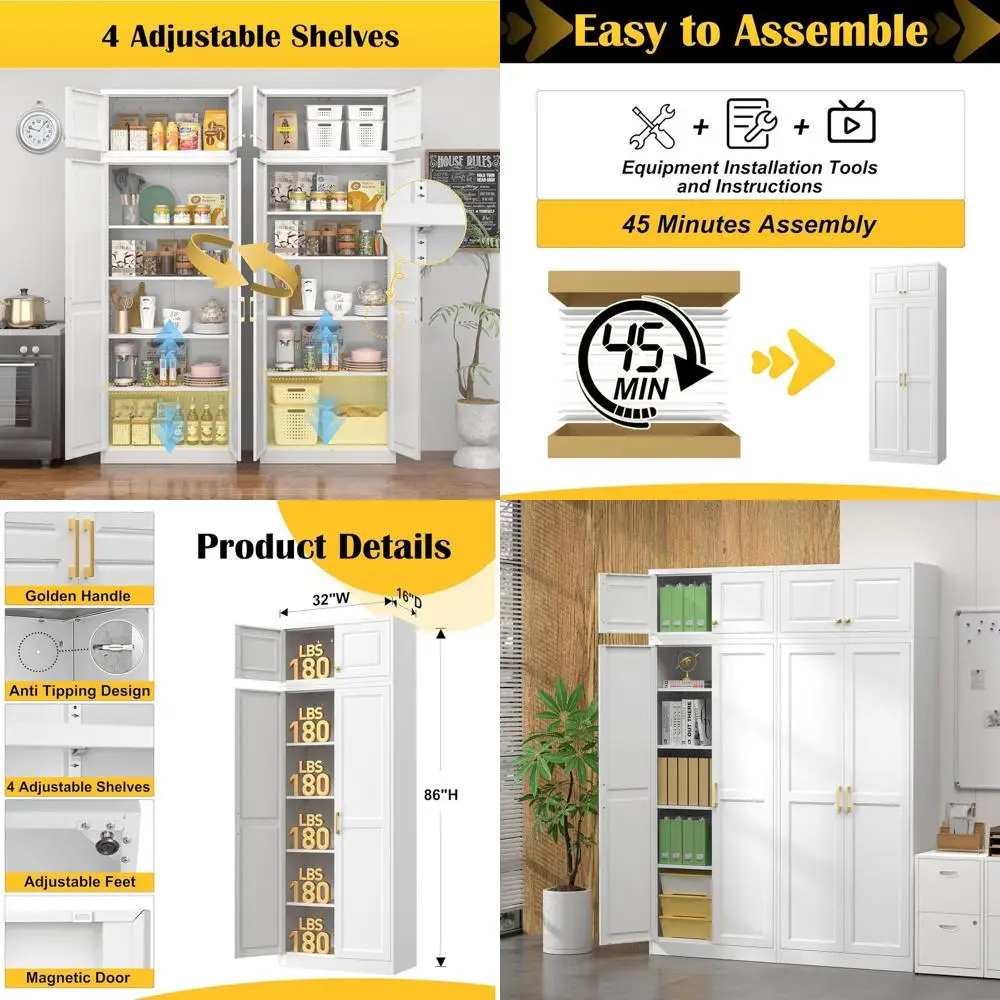 

White Metal Kitchen Pantry Cabinet with 4 Adjustable Shelves and Gold Handles for Living Room, Pantry, or Bathroom Storage