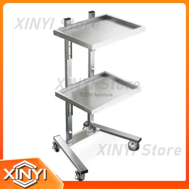 Stainless Steel Auxiliary Cart with Wheels for Beauty Salon Dyeing Trolley Folding Bar Car Barber Shop Double Layer Trolleys