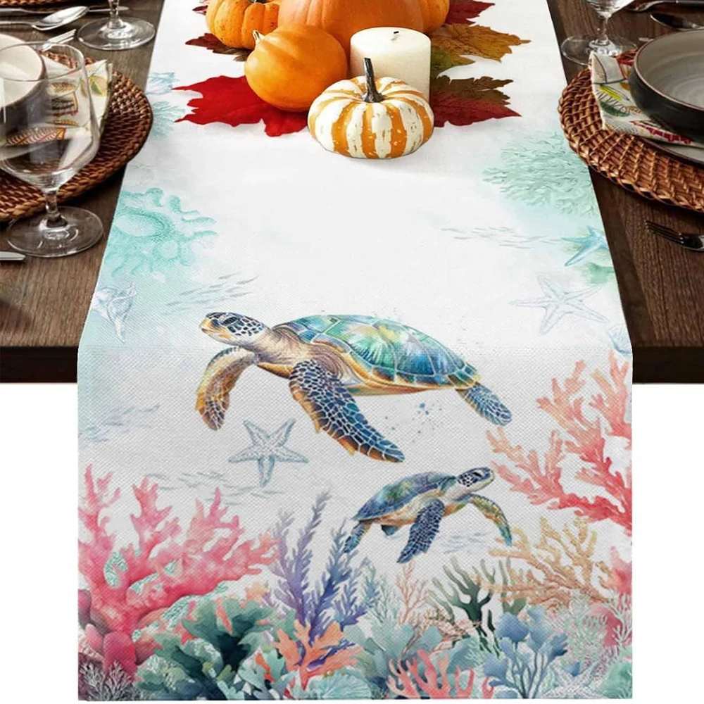 

Watercolor Sea Turtle Coral Table Runner Sealife Tablerunners Dresser Scarf for Home Kitchen Dinning Room Banquet Party Decor