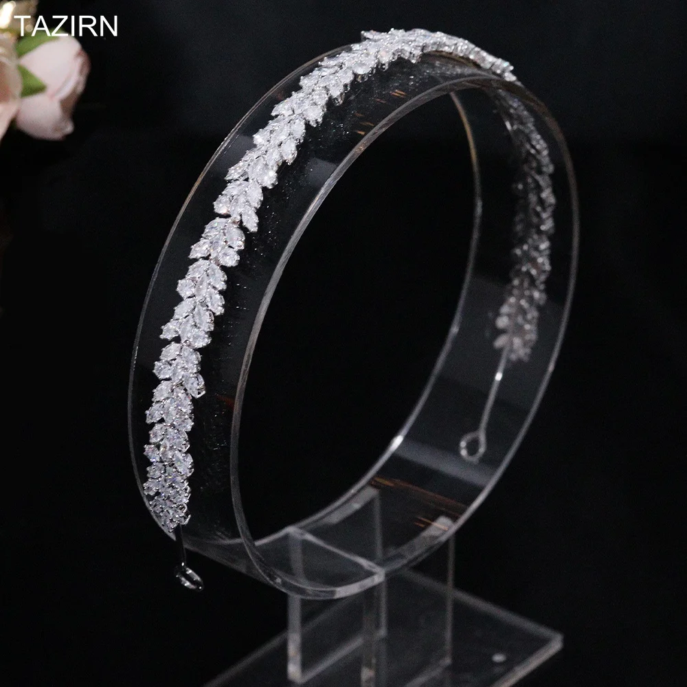 TAZIRN Fashion Zirconia Lengthened Wedding Bride Headband CZ Handmade African Arabic Bridal Hairband Evening Headpiece for Women