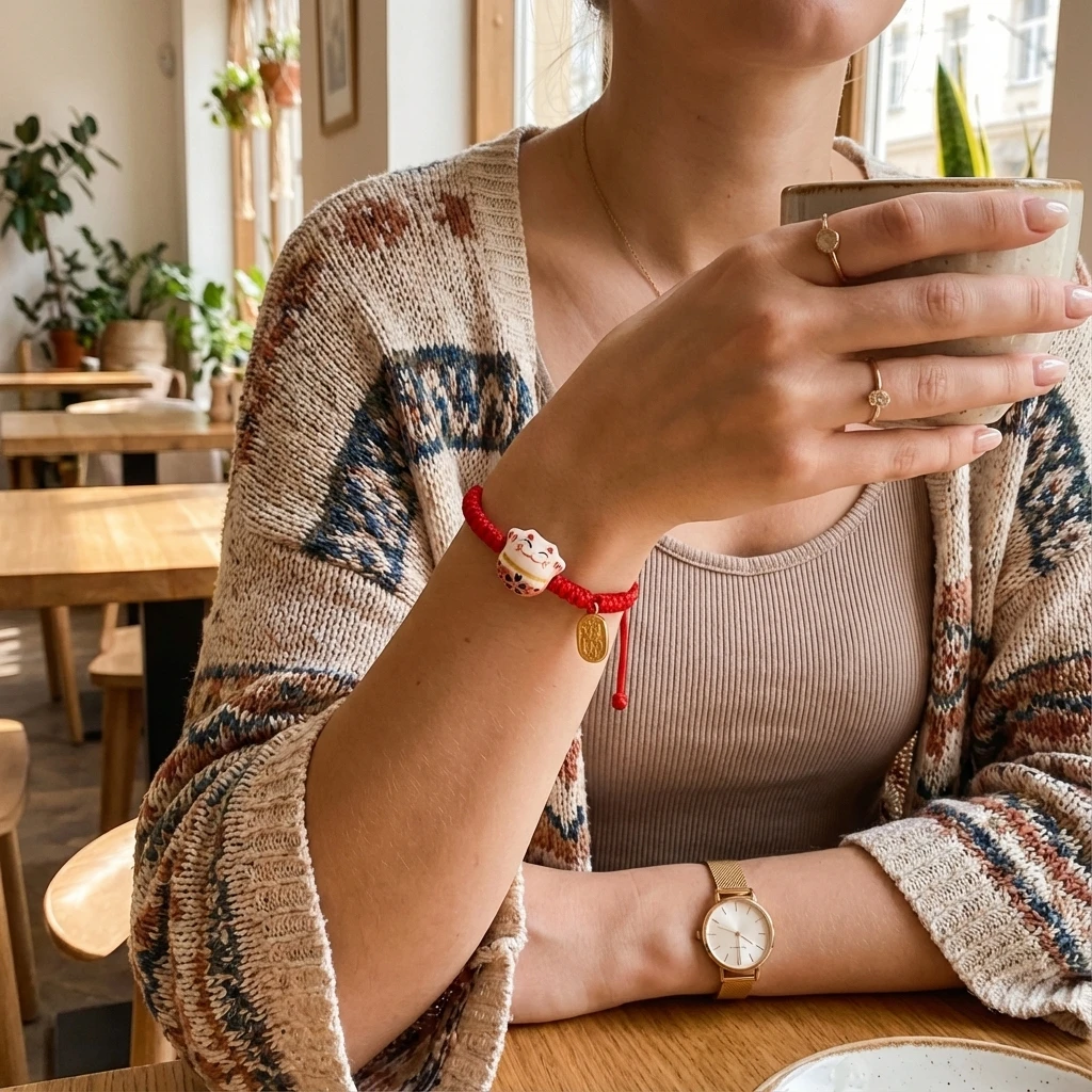 Ceramic Maneki Neko Red String Bracelet for Women Men Handmade Braided Lucky Cat Charm Amulet Wealth Feng Shui New Year Gift