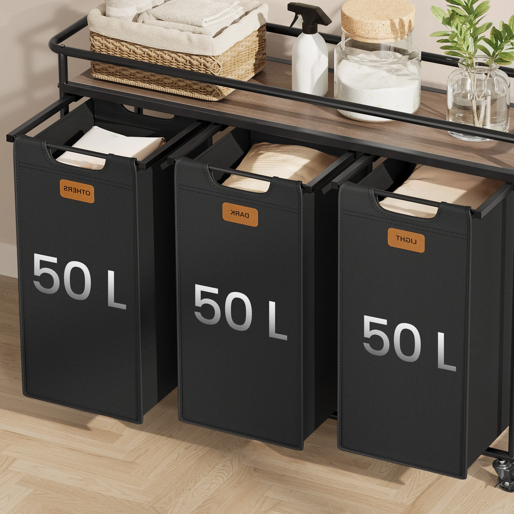 

Laundry Hamper with Wheels, 39.6 Gal. (150L) Portable Rolling Cart Baskets with Shelf, 3 Removable Liners and 6 Labels